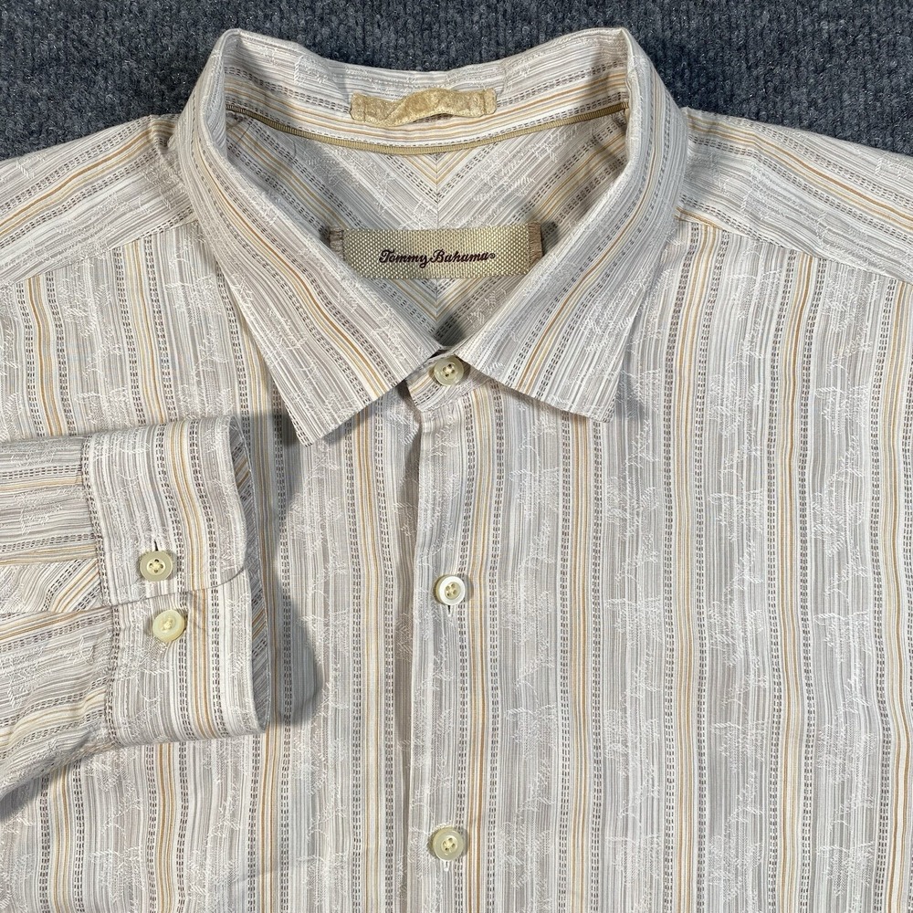 Tommy Bahama Mens 2XL Striped Embroidered Long Sleeve Button Shirt Silk Blend